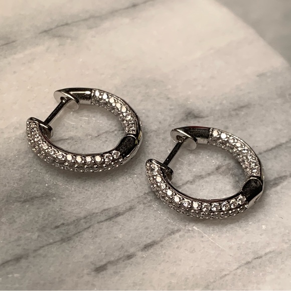 Jewelry - Sterling Silver Huggie Earrings With CZ Stones. Small Hoops
